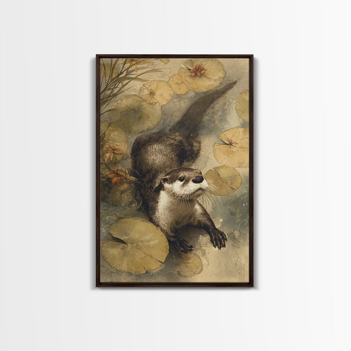 Playful Otter Floating Among Lily Pads Framed Canvas Print, Animal Art, Room Decor, Living Room Decor, Fine Art, Creature, ANI-2x3-64