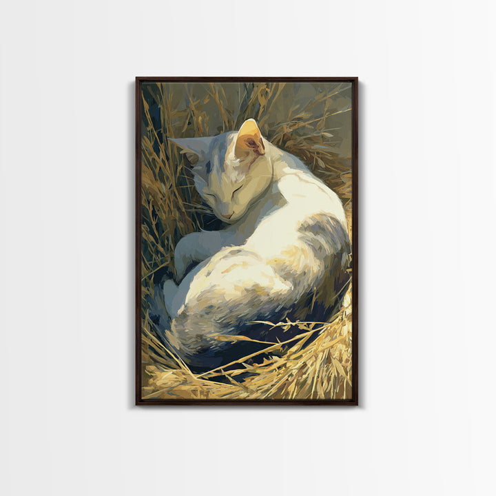Sleeping Cat Curled Framed Canvas Print, Animal Art, Printable, Living Room Decor, Fine Art, Creature, Nursery, Boho Wall Art, ANI-2x3-68