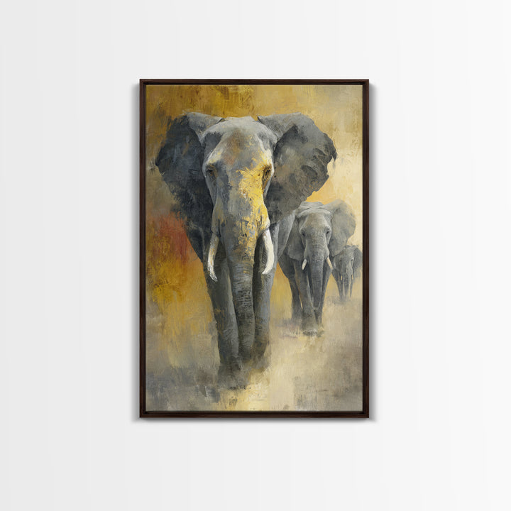 Elephant Family Walking Through Dusty Golden Light Canvas Print, Animal Art, Art, Living Room Decor, Fine Art, Creature, ANI-2x3-70