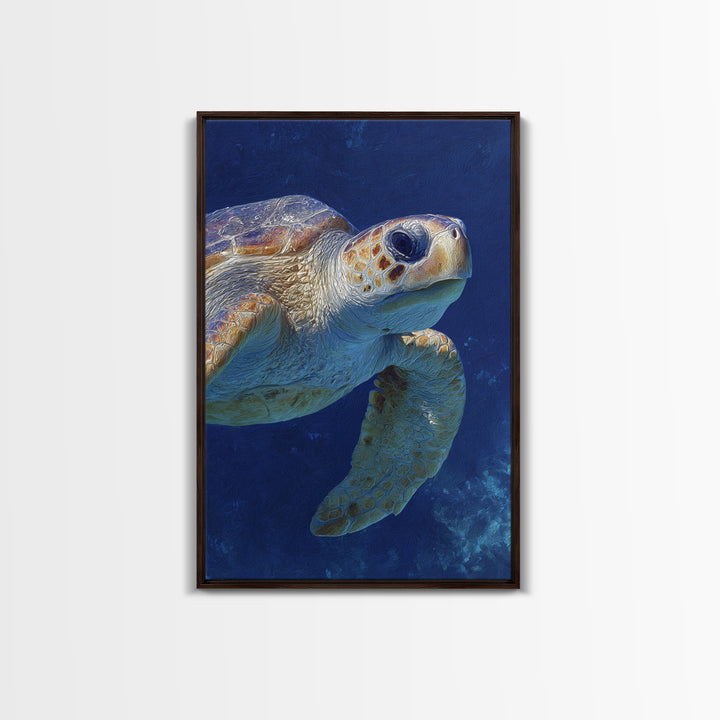 Sea Turtle Drifting Through Luminous Blue Water Framed Canvas Print, Animal Art, Living Room Decor, Watercolor Art, Creature, ANI-2x3-74