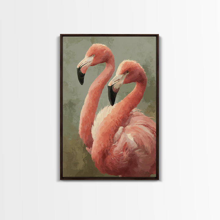 Flamingo Pair in Elegant Coral and Cream Framed Canvas Print, Animal Art, Digital Art, Living Room Decor, Fine Art, Creature, ANI-2x3-75