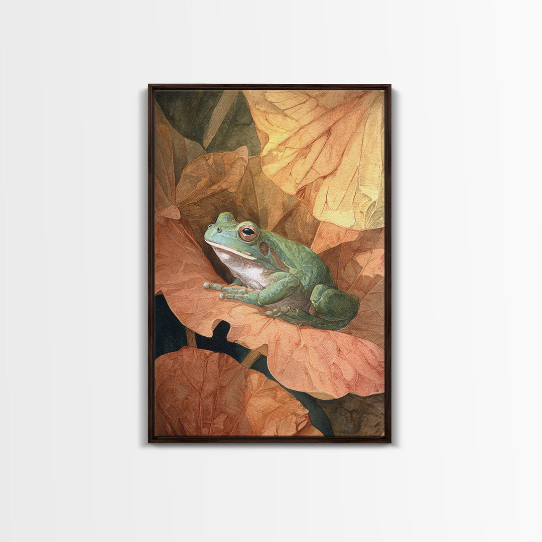 Frog on a Lotus Leaf Framed Canvas Print, Animal Art, Nursery Wall Art, Living Room Decor, Fine Art, Creature, Trendy Wall Art, ANI-2x3-76