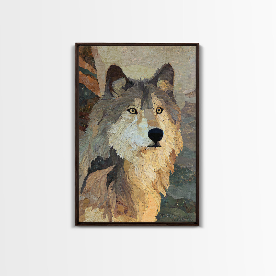 Wolf Silhouette Beneath a Star Filled Sky Framed Canvas Print, Animal Art, Decor, Living Room Decor, Fine Art, Creature, ANI-2x3-78