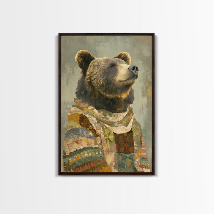 Whimsical Bear in a Patterned Sweater with Canvas Print, Animal Art, Digital Prints, Living Room Decor, Fine Art, Creature, ANI-2x3-82