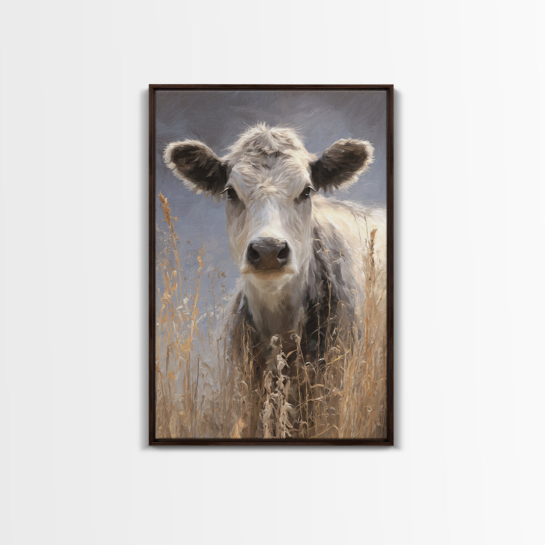 Gentle Cow Portrait Framed Canvas Print, Animal Art, Nursery Wall Art, Living Room Decor, Fine Art, Creature, Trendy Wall Art, ANI-2x3-87