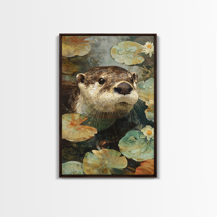 Playful Otter Floating Among Lily Pads Framed Canvas Print, Animal Art, Digital Art, Living Room Decor, Fine Art, Creature, ANI-2x3-88