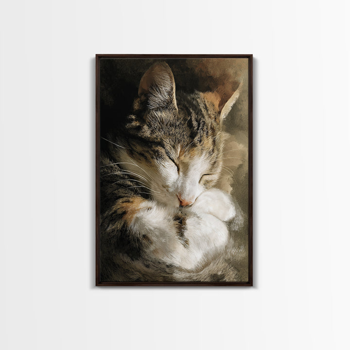 Sleeping Cat Curled Framed Canvas Print, Animal Art, Gallery Decor, Living Room Decor, Abstract Art, Creature, Contemporary Art, ANI-2x3-92