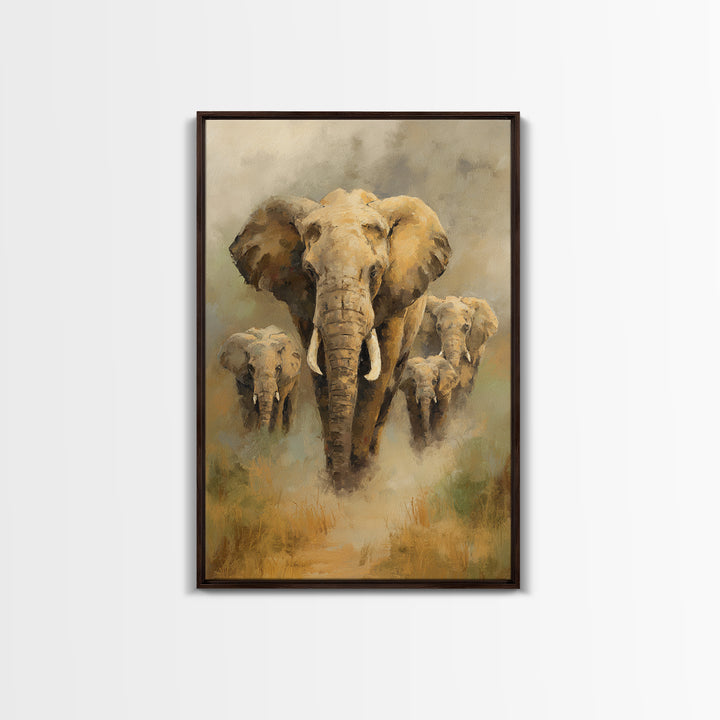 Elephant Family Walking Through Dusty Golden Light Framed Canvas Print, Animal Art, Printable, Living Room Decor, Creature, ANI-2x3-94
