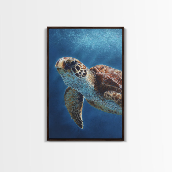 Sea Turtle Drifting Through Luminous Blue Water Framed Canvas Print, Animal Art, Living Room Decor, Watercolor Art, Creature, ANI-2x3-98