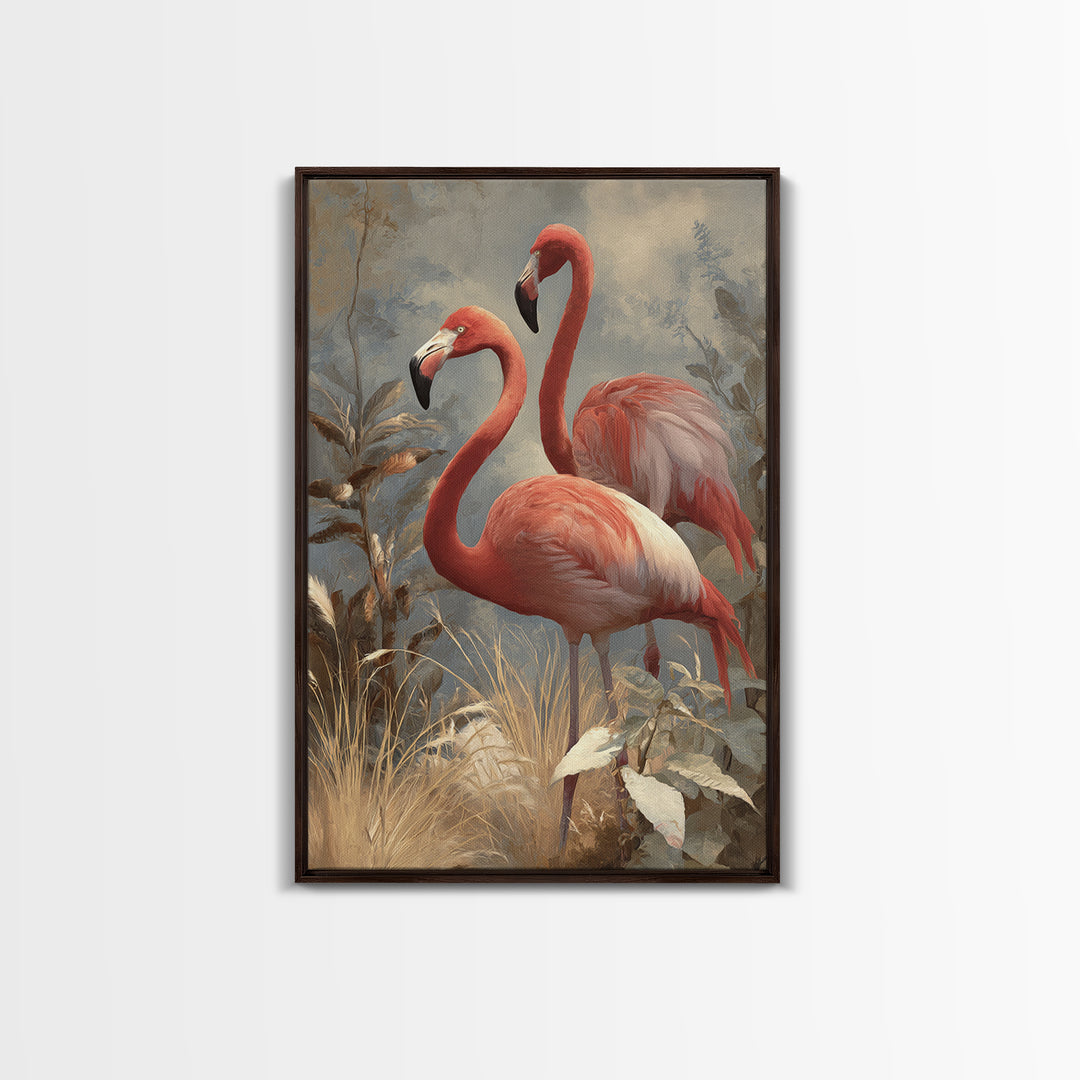 Flamingo Pair in Elegant Coral and Cream Canvas Print, Animal Art, Nursery Decor, Living Room Decor, Fine Art, Creature, ANI-2x3-99