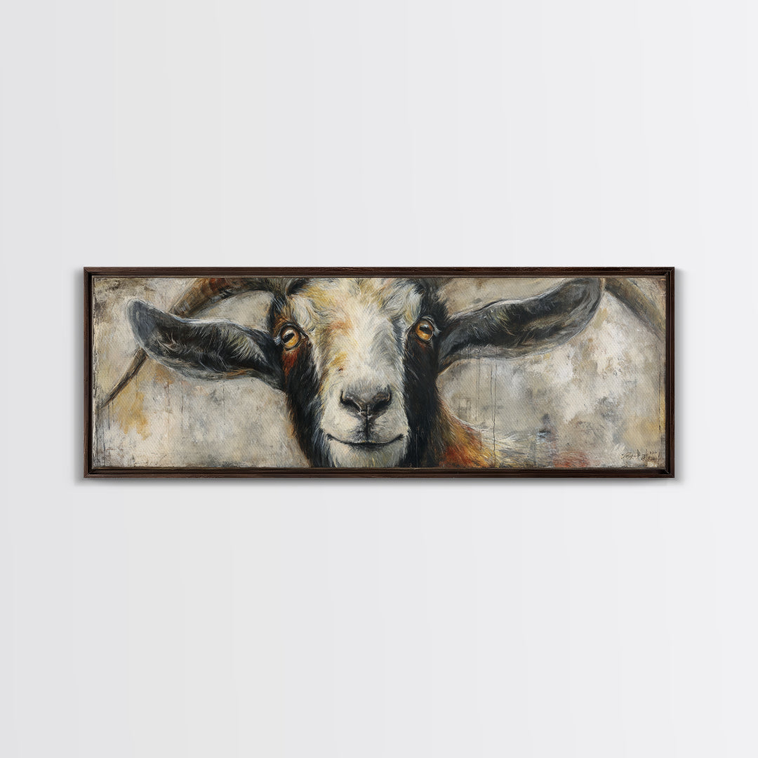 Goat Portrait with Rustic Folk Art Personality Canvas Print, Animal Art, Oil Painting, Living Room Decor, Fine Art, Creature, ANI-3x1-13