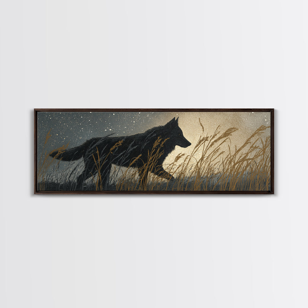 Wolf Silhouette Beneath a Star Filled Sky Canvas Print, Animal Art, Colorful Wall Art, Living Room Decor, Fine Art, Creature, ANI-3x1-14