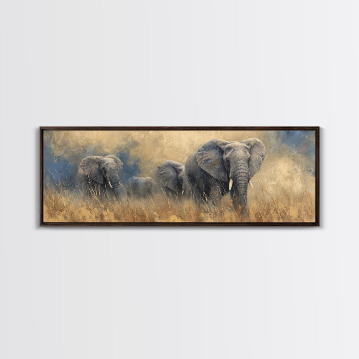Elephant Family Walking Through Dusty Golden Light Canvas Print, Animal Art, Wall Art, Living Room Decor, Fine Art, Creature, ANI-3x1-30