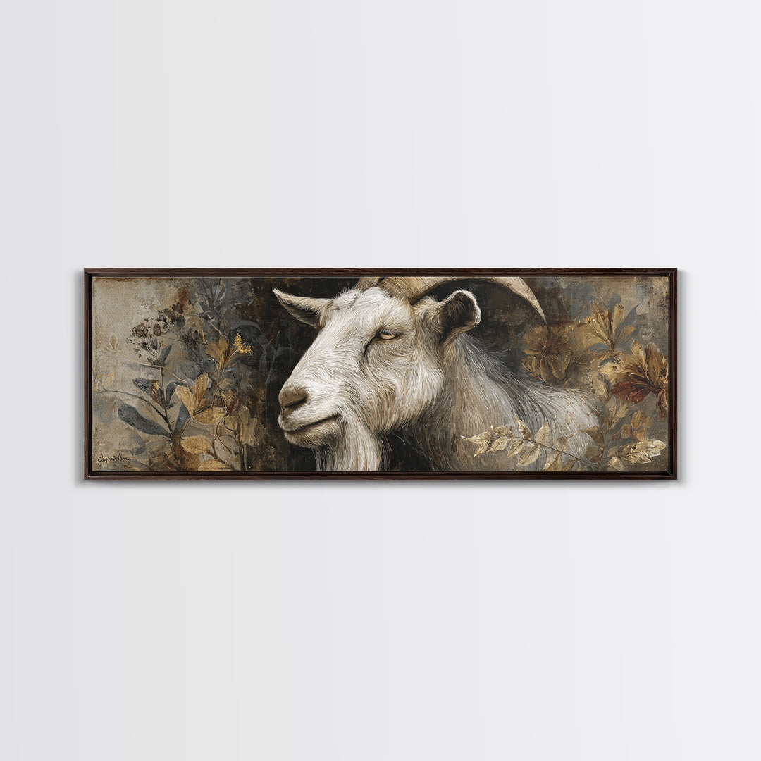 Goat Portrait with Rustic Folk Art Personality Framed Canvas Print, Animal Art, Digital Print, Living Room Decor, Creature, ANI-3x1-37