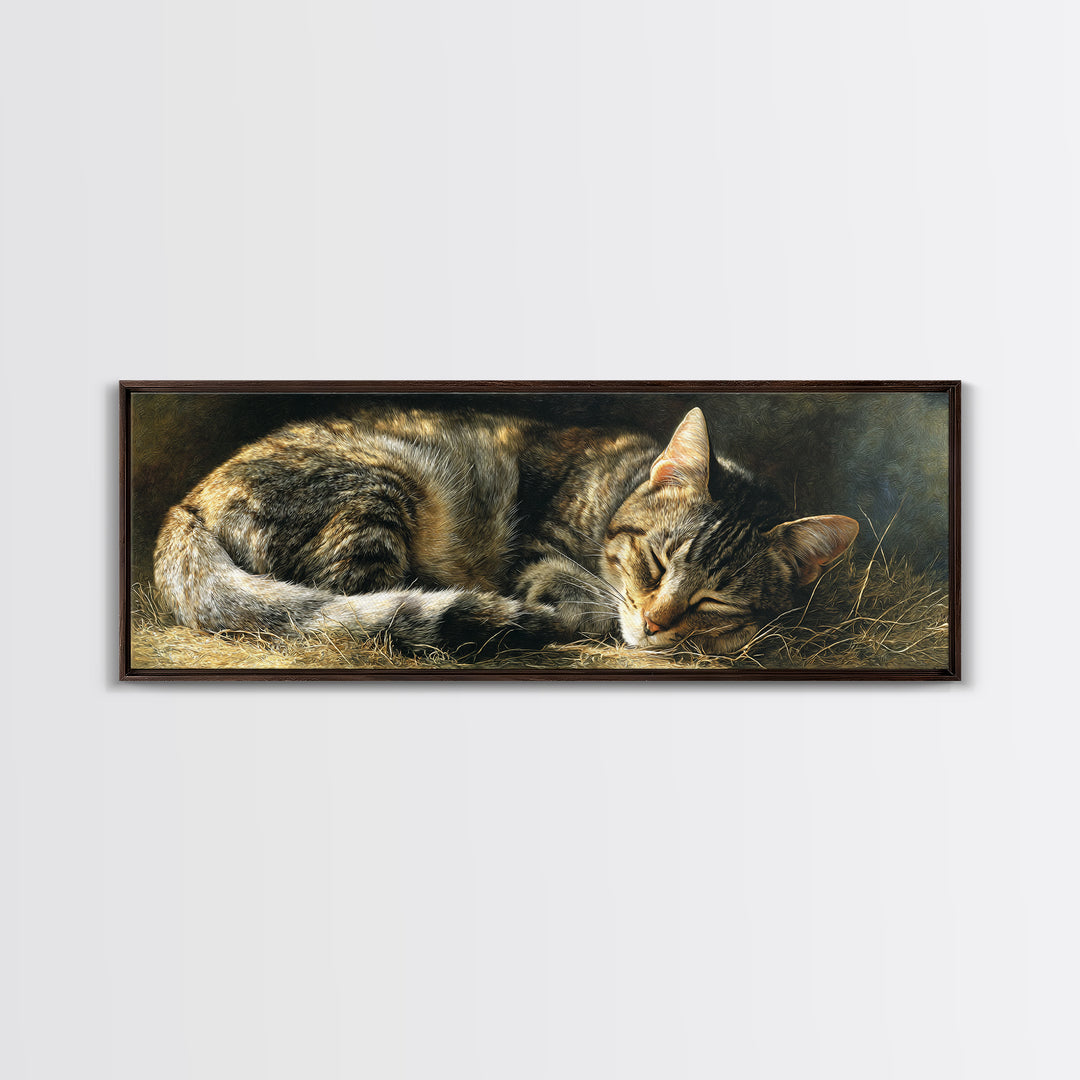 Sleeping Cat Curled Framed Canvas Print, Animal Art, Room Decor, Living Room Decor, Abstract Art, Creature, Printable, ANI-3x1-52
