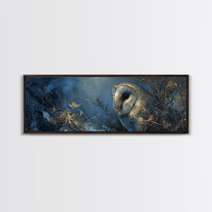 Owl with Moonlit Feathers and Celestial Accents Framed Canvas Print, Animal Art, Contemporary Art, Living Room Decor, Creature, ANI-3x1-55