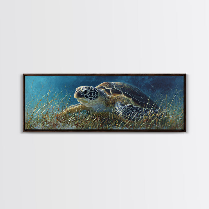 Sea Turtle Drifting Through Luminous Blue Water Framed Canvas Print, Animal Art, Nursery Decor, Living Room Decor, Creature, ANI-3x1-58
