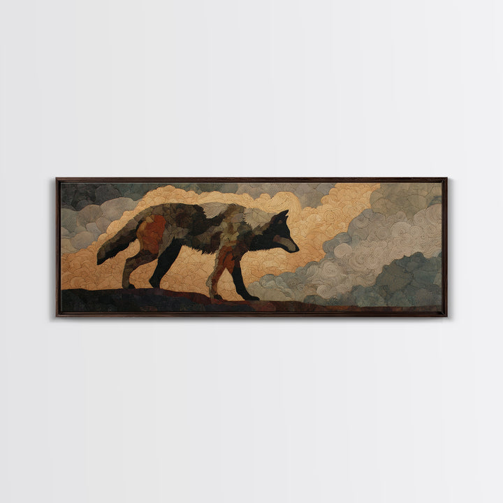 Wolf Silhouette Beneath a Star Filled Sky Canvas Print, Animal Art, Gallery Decor, Living Room Decor, Oil Painting, Creature, ANI-3x1-62