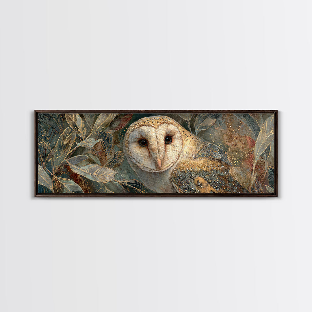 Owl with Moonlit Feathers and Celestial Accents Framed Canvas Print, Animal Art, Neutral Decor, Living Room Decor, Creature, ANI-3x1-7