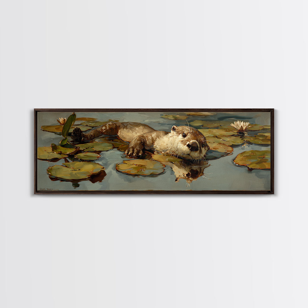 Playful Otter Floating Among Lily Pads Framed Canvas Print, Animal Art, Wall Art, Living Room Decor, Fine Art, Creature, ANI-3x1-72