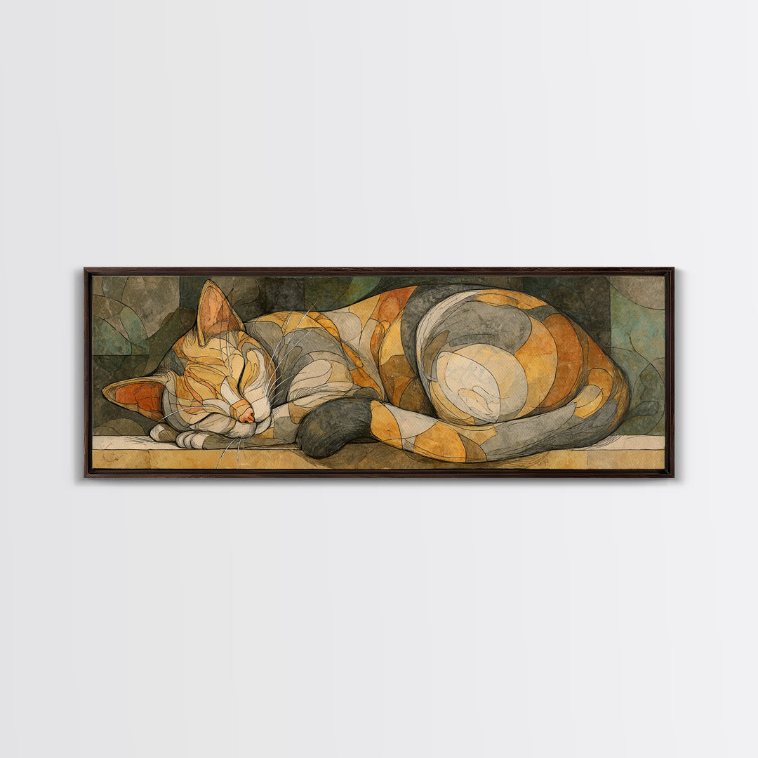 Sleeping Cat Curled Canvas Print, Animal Art, Home Decor, Living Room Decor, Fine Art, Creature, Art Deco, Original Art, ANI-3x1-76