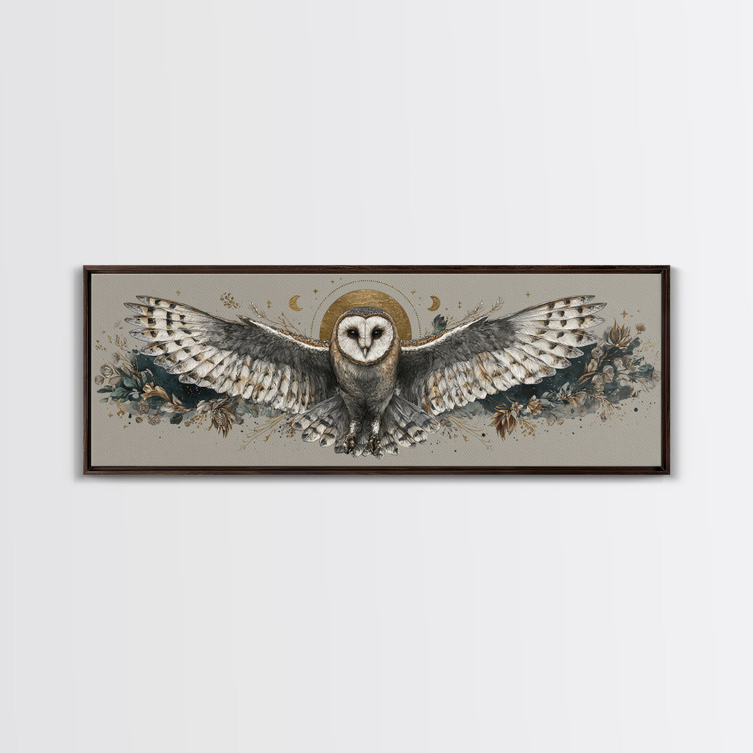 Owl with Moonlit Feathers and Celestial Accents Framed Canvas Print, Animal Art, Oil Painting, Living Room Decor, Creature, ANI-3x1-79