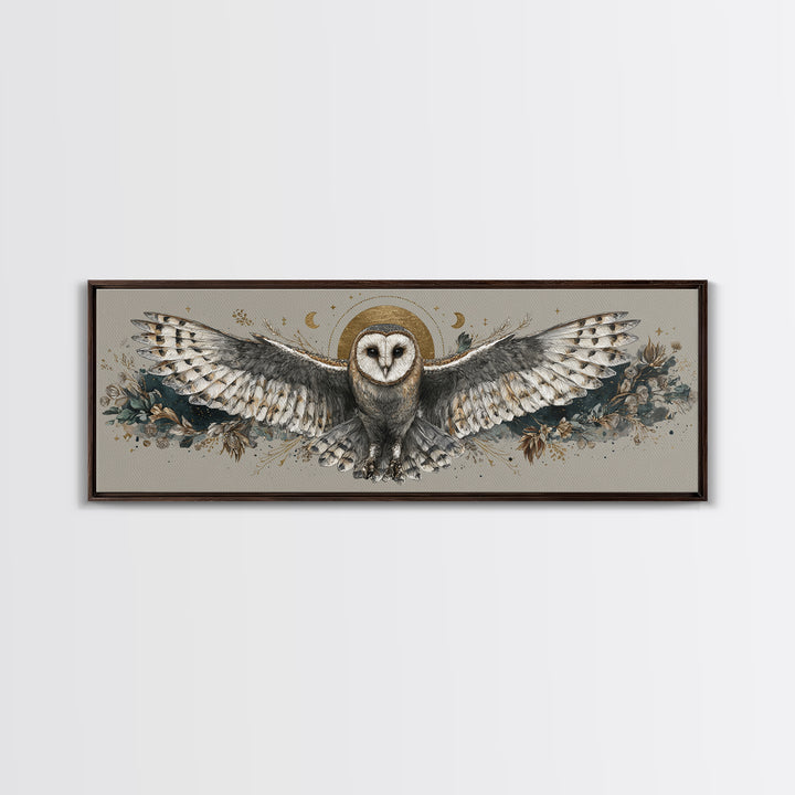 Owl with Moonlit Feathers and Celestial Accents Framed Canvas Print, Animal Art, Oil Painting, Living Room Decor, Creature, ANI-3x1-79