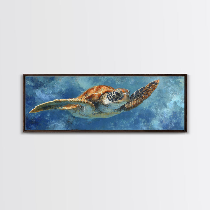 Sea Turtle Drifting Through Luminous Blue Water Framed Canvas Print, Animal Art, Nursery Decor, Living Room Decor, Creature, ANI-3x1-82