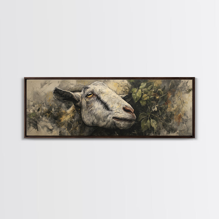 Goat Portrait with Rustic Folk Art Personality Canvas Print, Animal Art, Boho Wall Art, Living Room Decor, Oil Painting, ANI-3x1-85