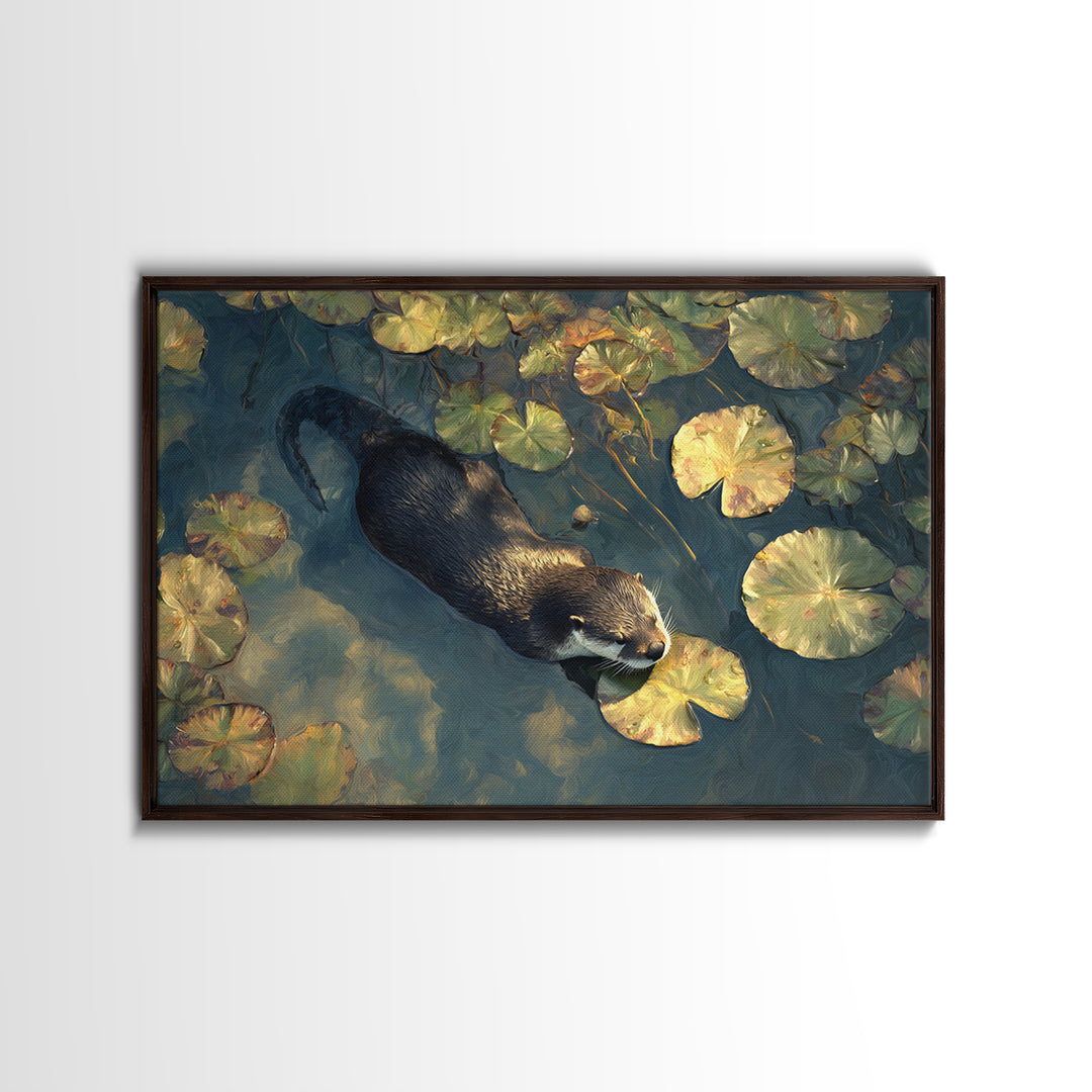 Playful Otter Floating Among Lily Pads Canvas Print, Animal Art, Nursery Decor, Living Room Decor, Fine Art, Creature, ANI-3x2-12