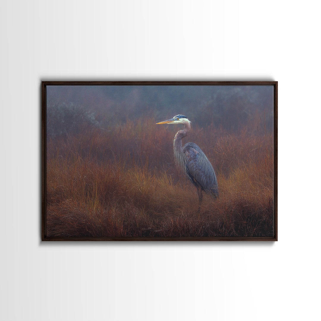 Blue Heron Standing Framed Canvas Print, Animal Art, Printable Wall Art, Living Room Decor, Fine Art, Creature, Boho Wall Art, ANI-3x2-15