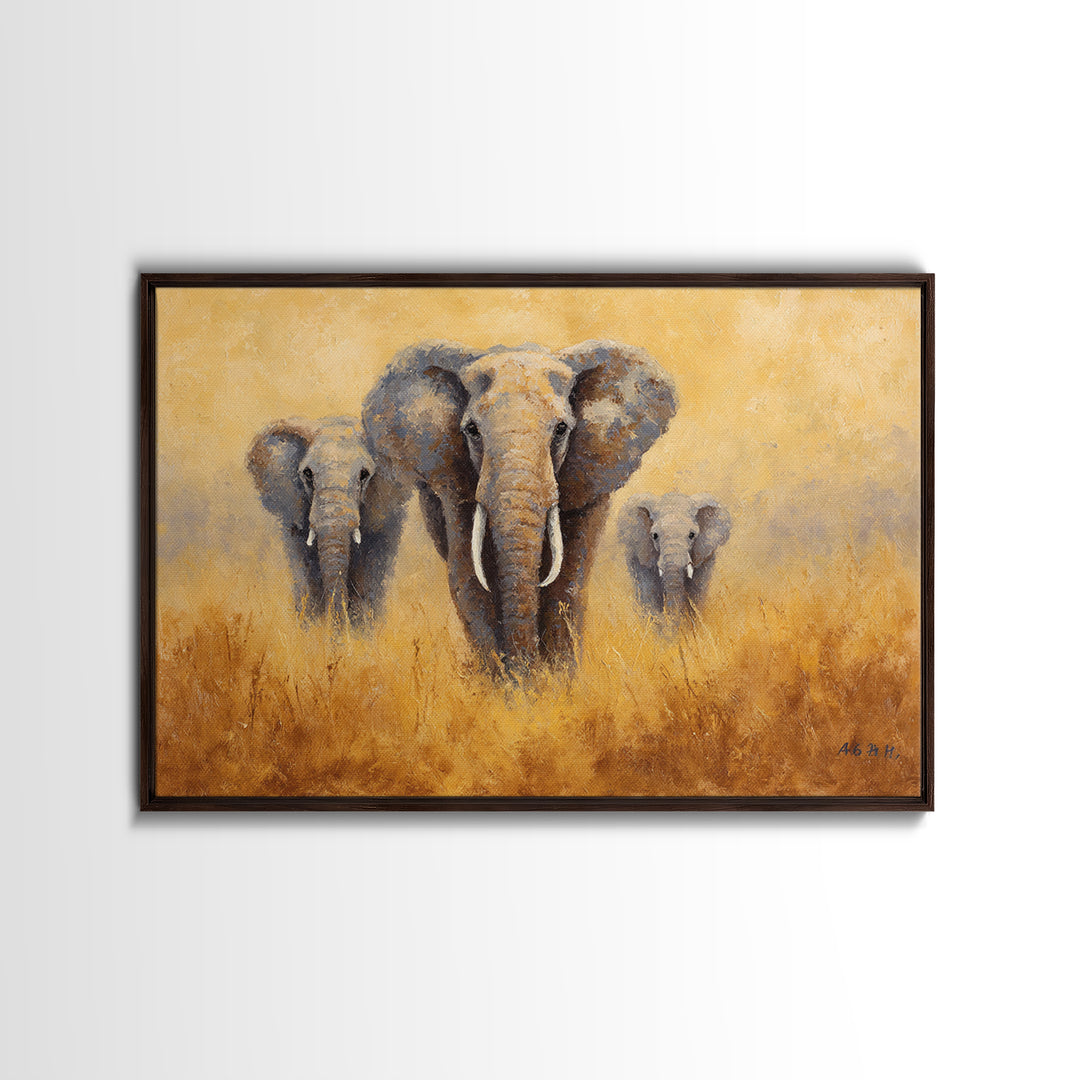 Elephant Family Walking Through Dusty Golden Light Framed Canvas Print, Animal Art, Printable, Living Room Decor, Creature, ANI-3x2-18