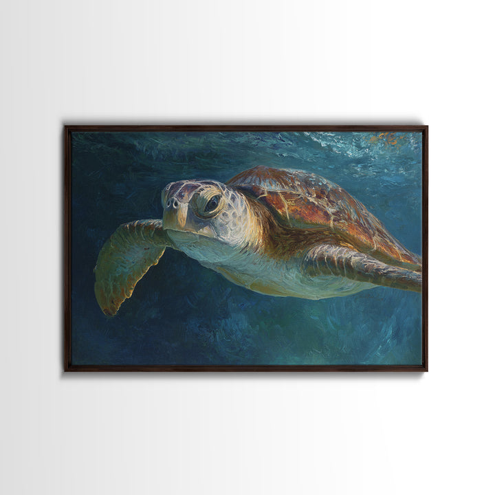 Sea Turtle Drifting Through Luminous Blue Water Canvas Print, Animal Art, Living Room Decor, Oil Painting, Creature, ANI-3x2-22