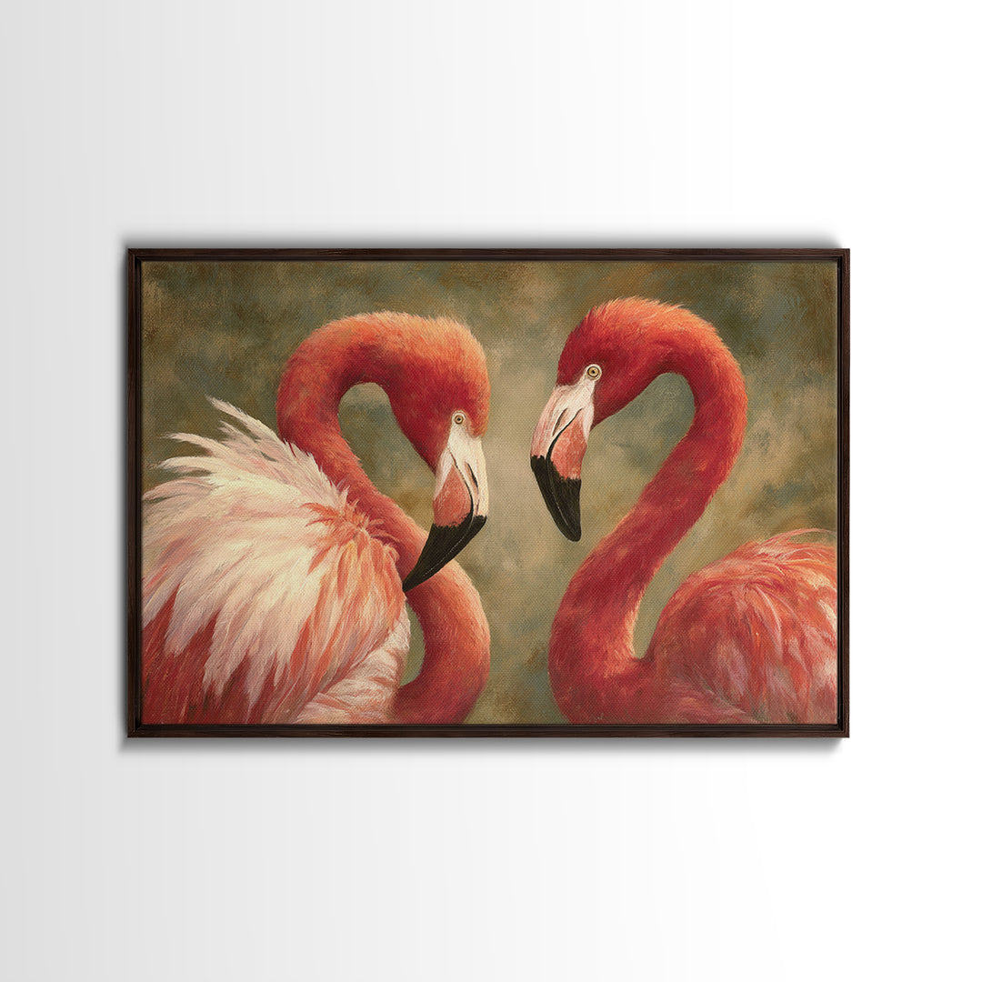 Flamingo Pair in Elegant Coral and Cream Framed Canvas Print, Animal Art, Digital Print, Living Room Decor, Fine Art, Creature, ANI-3x2-23