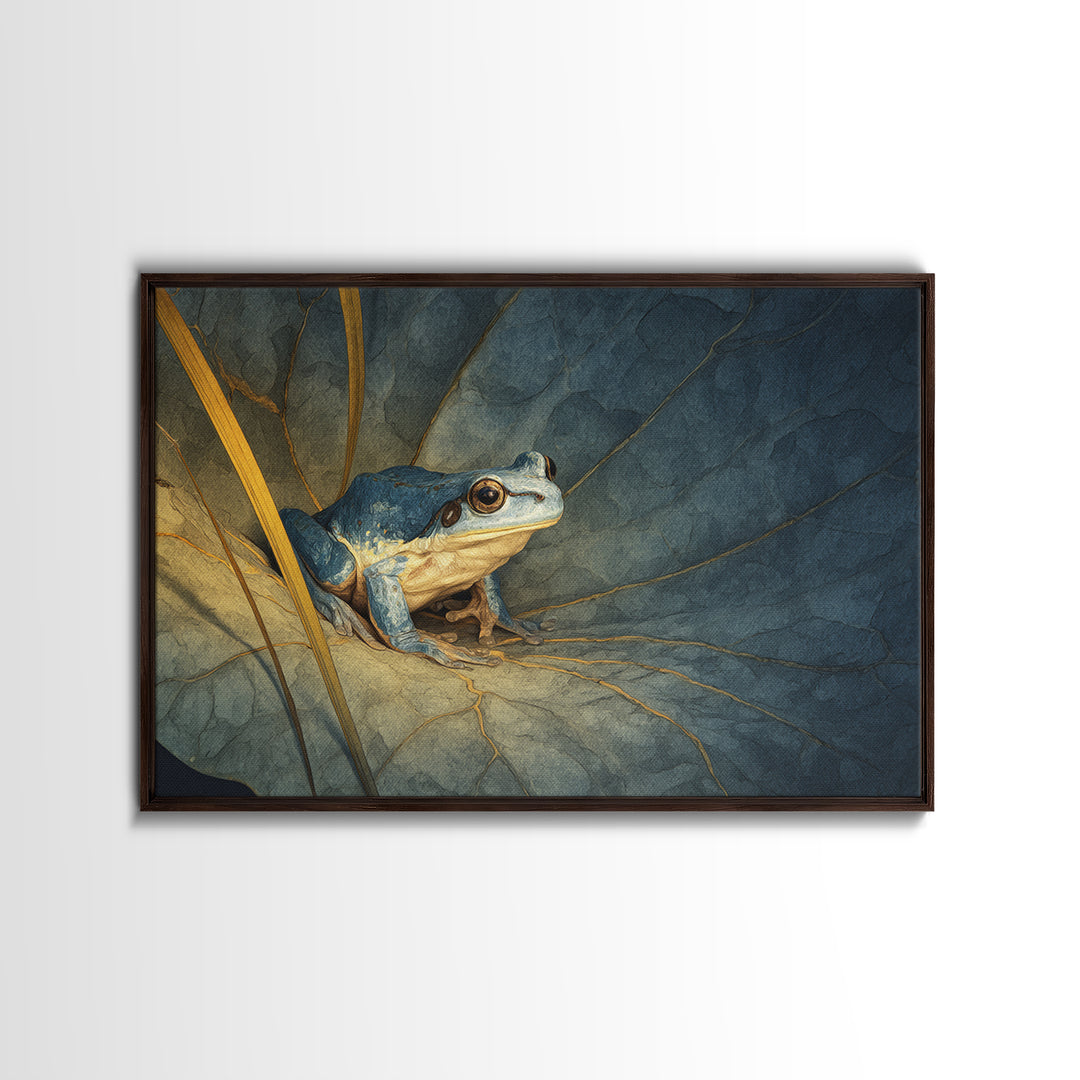 Frog on a Lotus Leaf Framed Canvas Print, Animal Art, Nursery Wall Art, Living Room Decor, Fine Art, Creature, Trendy Wall Art, ANI-3x2-24