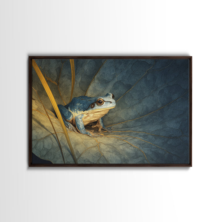 Frog on a Lotus Leaf Framed Canvas Print, Animal Art, Nursery Wall Art, Living Room Decor, Fine Art, Creature, Trendy Wall Art, ANI-3x2-24