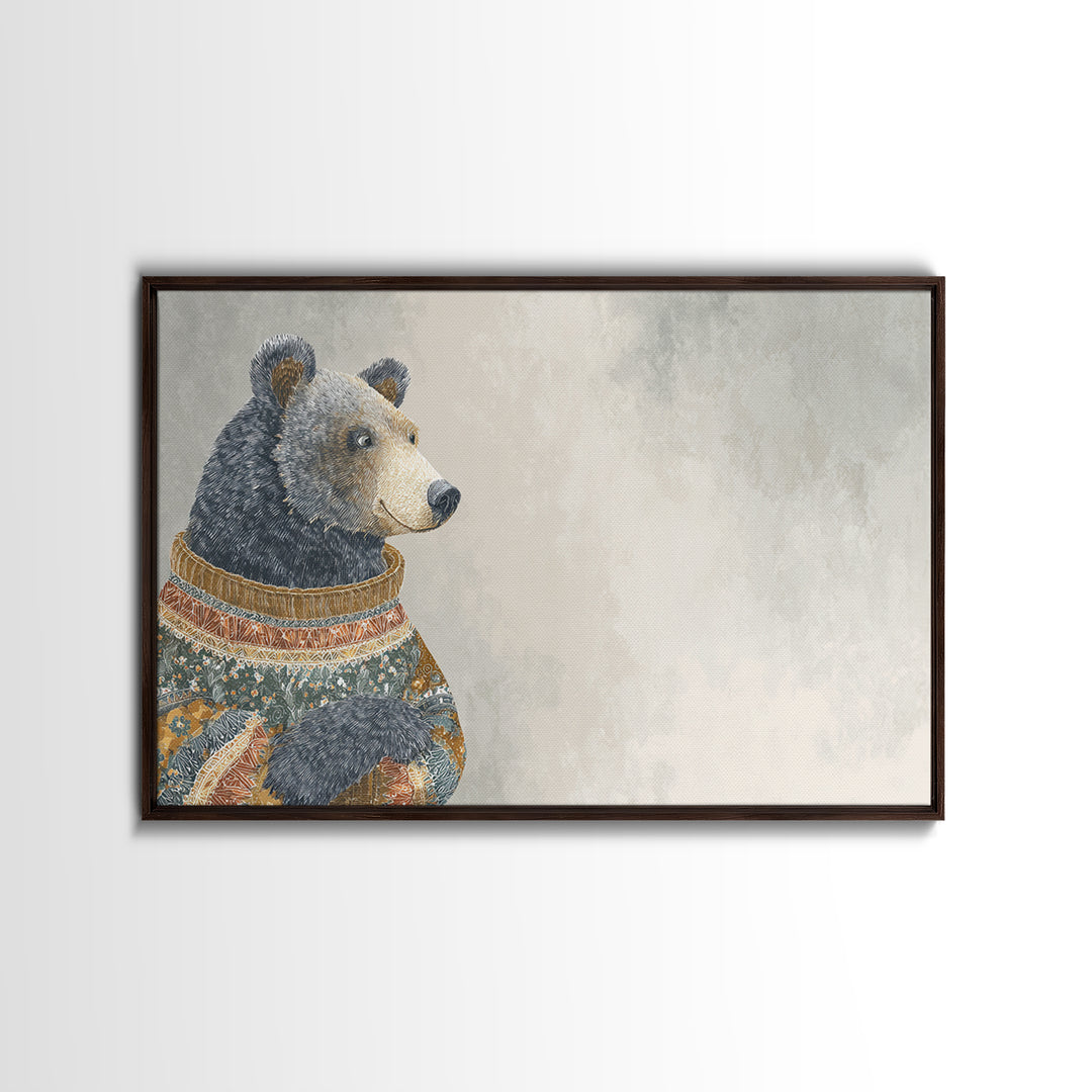 Whimsical Bear in a Patterned Sweater with Canvas Print, Animal Art, Digital Print, Living Room Decor, Fine Art, Creature, ANI-3x2-30