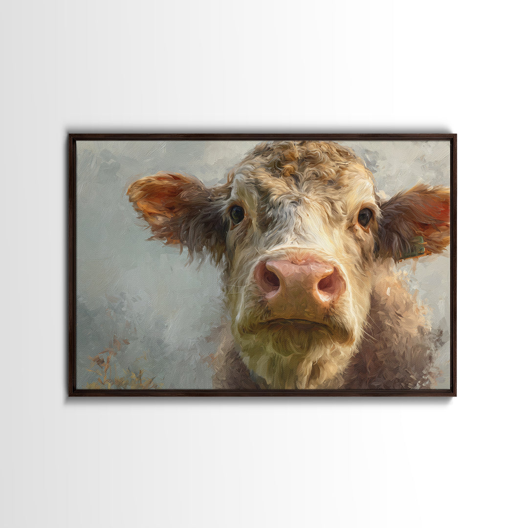 Gentle Cow Portrait Framed Canvas Print, Animal Art, Safari Nursery Decor, Living Room Decor, Oil Painting, Creature, ANI-3x2-35