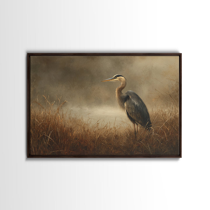 Blue Heron Standing Framed Canvas Print, Animal Art, Neutral Decor, Living Room Decor, Fine Art, Creature, Wall Art, Home Decor, ANI-3x2-39