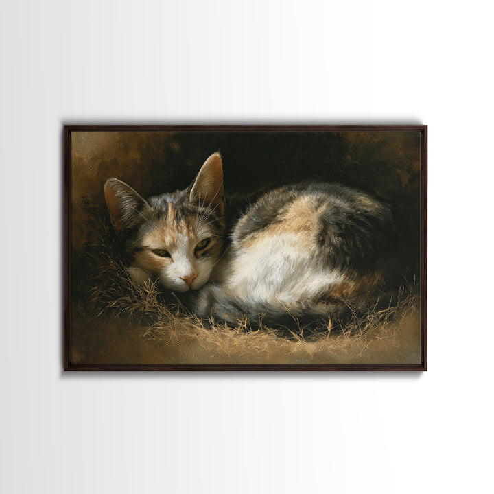Sleeping Cat Curled Framed Canvas Print, Animal Art, Farmhouse Decor, Living Room Decor, Oil Painting, Creature, Neutral Decor, ANI-3x2-40