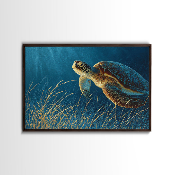 Sea Turtle Drifting Through Luminous Blue Water Framed Canvas Print, Animal Art, Original Art, Living Room Decor, Creature, ANI-3x2-46