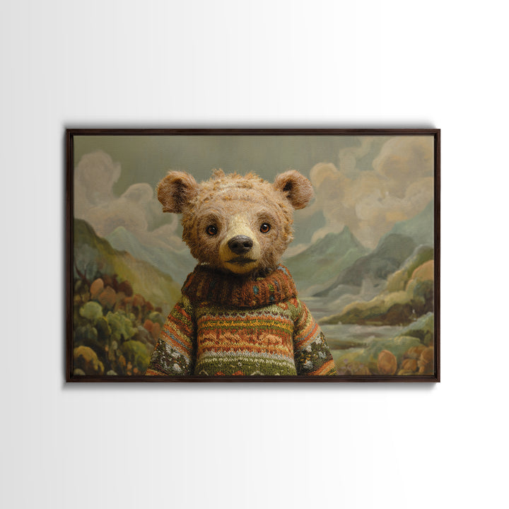 Whimsical Bear in a Patterned Sweater with Canvas Print, Animal Art, Digital Print, Living Room Decor, Fine Art, Creature, ANI-3x2-54