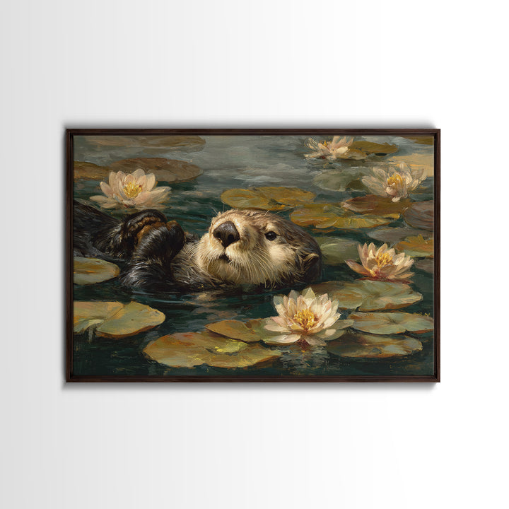 Playful Otter Floating Among Lily Pads Framed Canvas Print, Animal Art, Downloadable Art, Living Room Decor, Fine Art, Creature, ANI-3x2-60