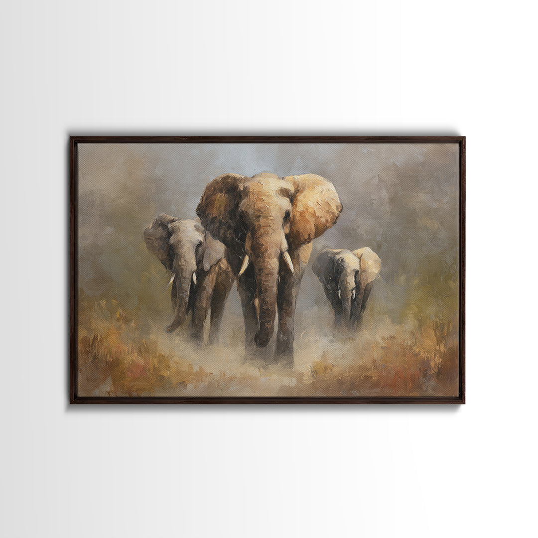 Elephant Family Walking Through Dusty Golden Light Canvas Print, Animal Art, Art Deco, Living Room Decor, Fine Art, Creature, ANI-3x2-66