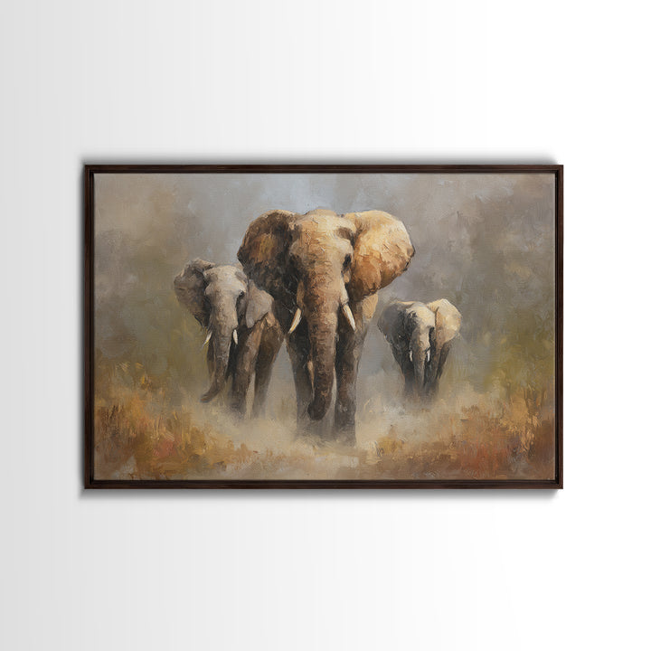Elephant Family Walking Through Dusty Golden Light Canvas Print, Animal Art, Art Deco, Living Room Decor, Fine Art, Creature, ANI-3x2-66