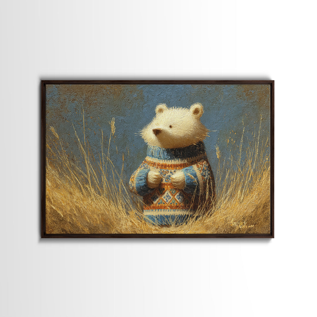 Whimsical Bear in a Patterned Sweater with Framed Canvas Print, Animal Art, Boho Wall Art, Living Room Decor, Creature, ANI-3x2-78