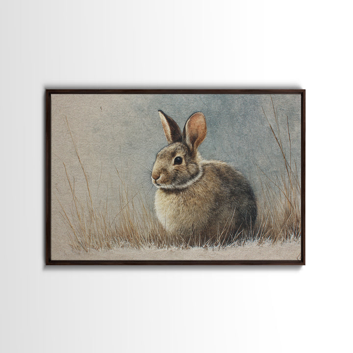 Curious Rabbit in a Soft Watercolor Meadow Framed Canvas Print, Animal Art, Cat Art, Living Room Decor, Fine Art, Creature, ANI-3x2-81