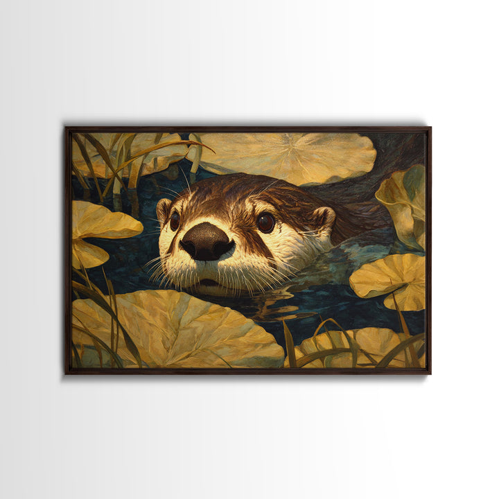 Playful Otter Floating Among Lily Pads Canvas Print, Animal Art, Boho Decor, Living Room Decor, Creature, Digital Prints, ANI-3x2-84