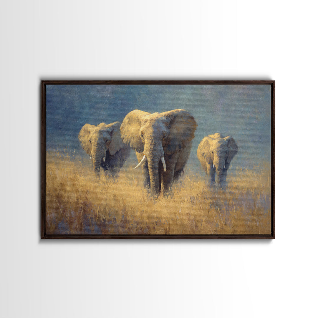 Elephant Family Walking Through Dusty Golden Light Canvas Print, Animal Art, Farmhouse Decor, Living Room Decor, Creature, ANI-3x2-90