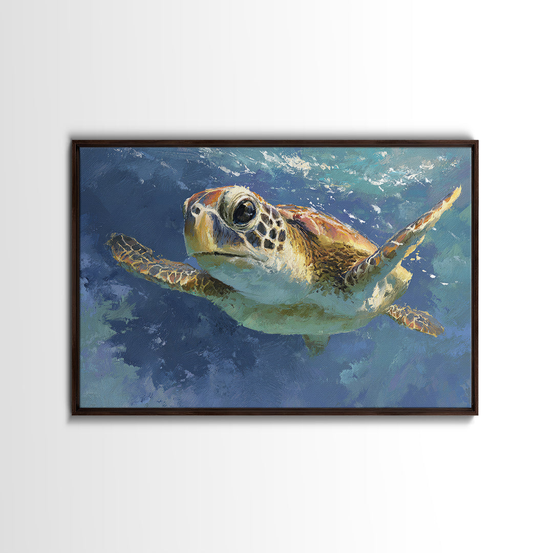 Sea Turtle Drifting Through Luminous Blue Water Canvas Print, Animal Art, Nursery, Living Room Decor, Abstract Art, Creature, ANI-3x2-94